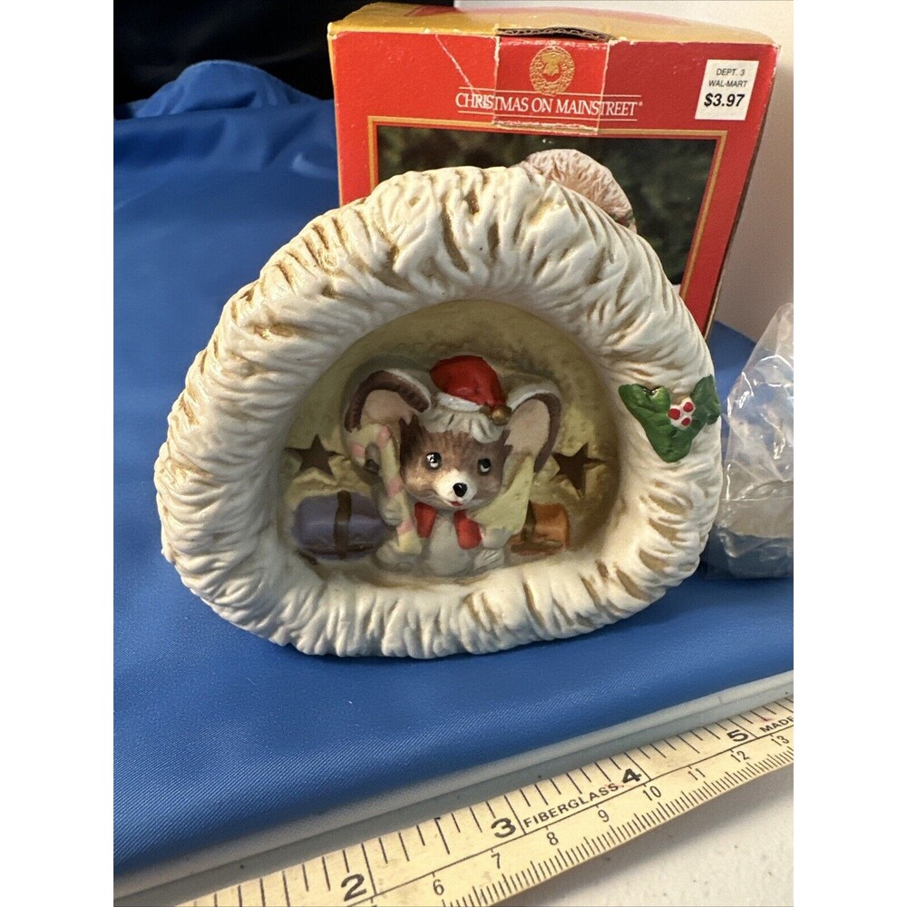 Vintage CHRISTMAS ON MAINSTREET Porcelain Candleholder Mouse Santa Hat